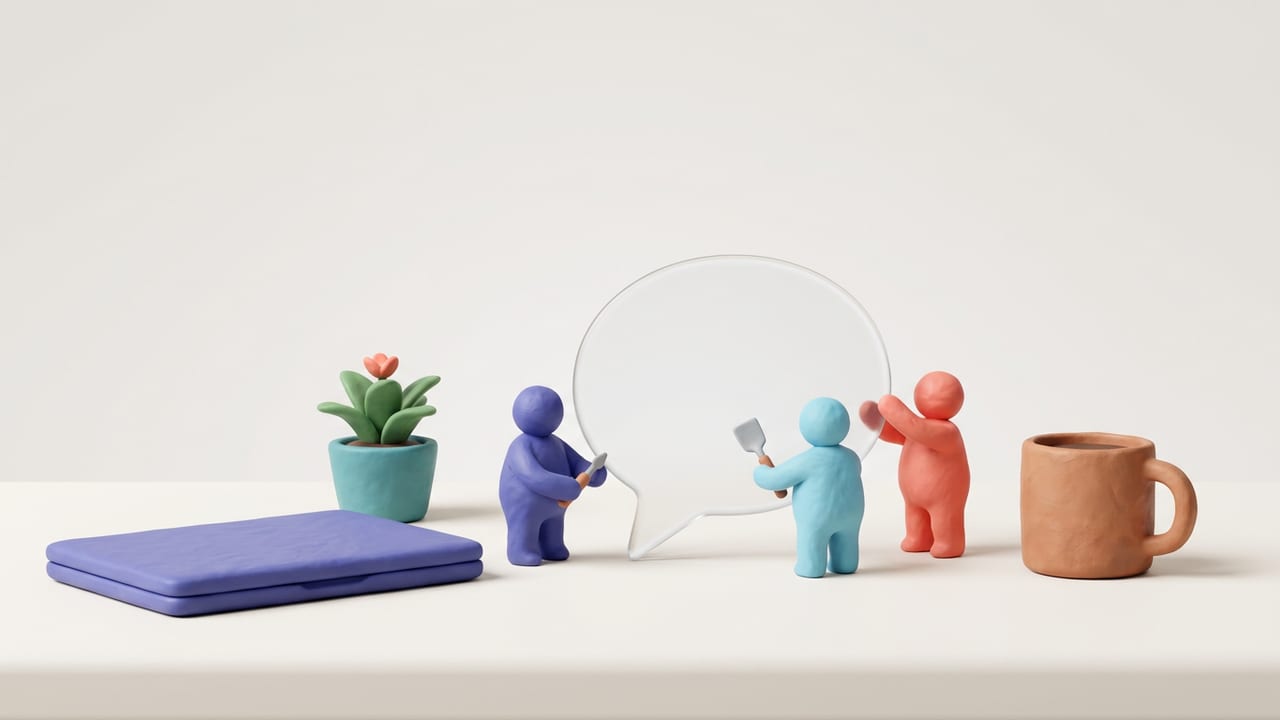 A small desk scene with tiny clay figures building a speech bubble
