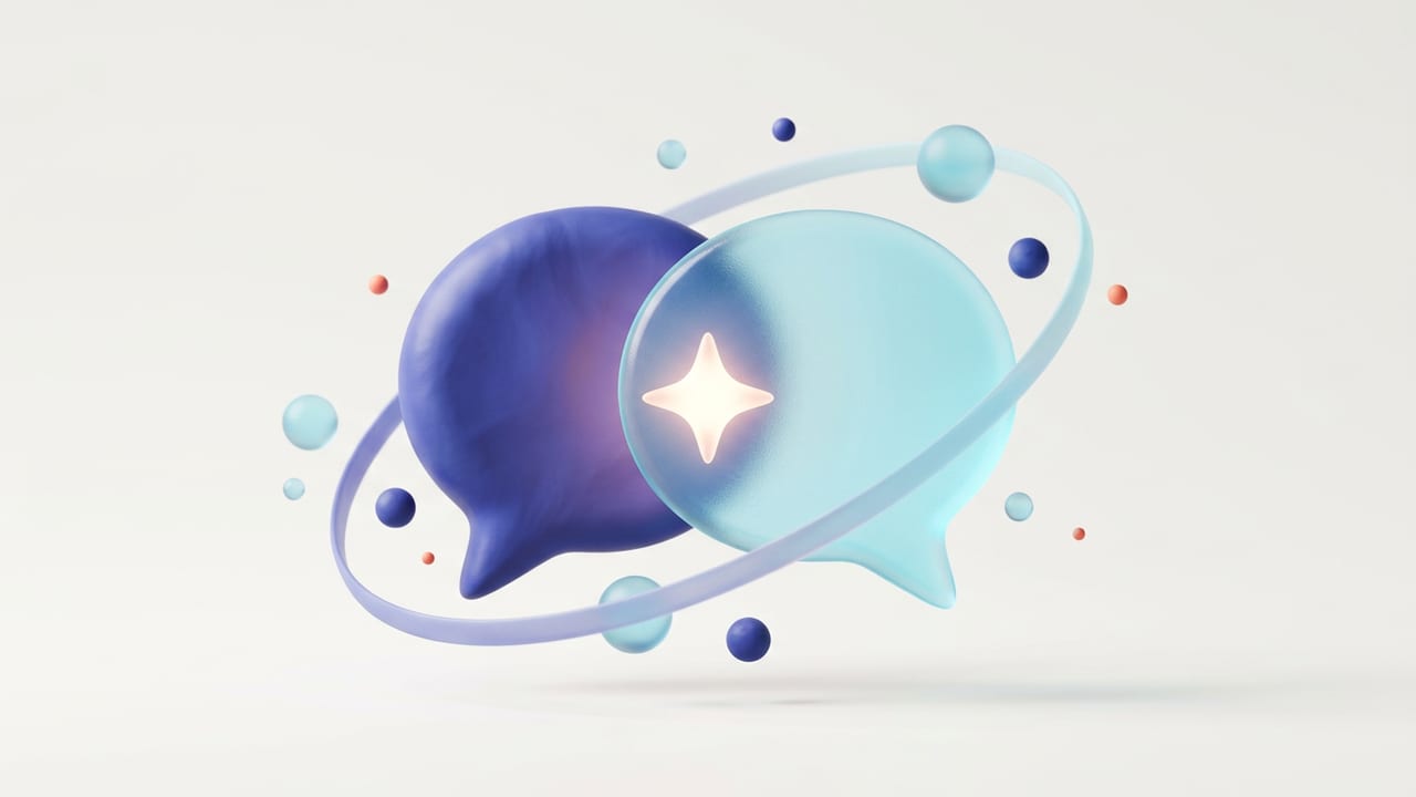 Two soft 3D speech bubbles in indigo and cyan with a glowing spark between them
