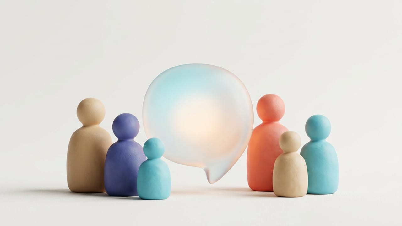 Faceless clay figurines gathered around a glowing speech bubble