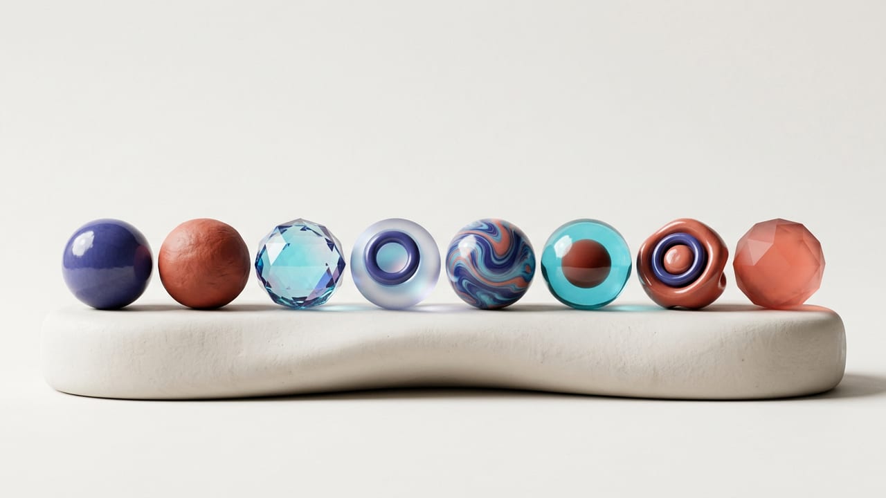 A row of distinct glossy orbs in indigo, cyan and coral