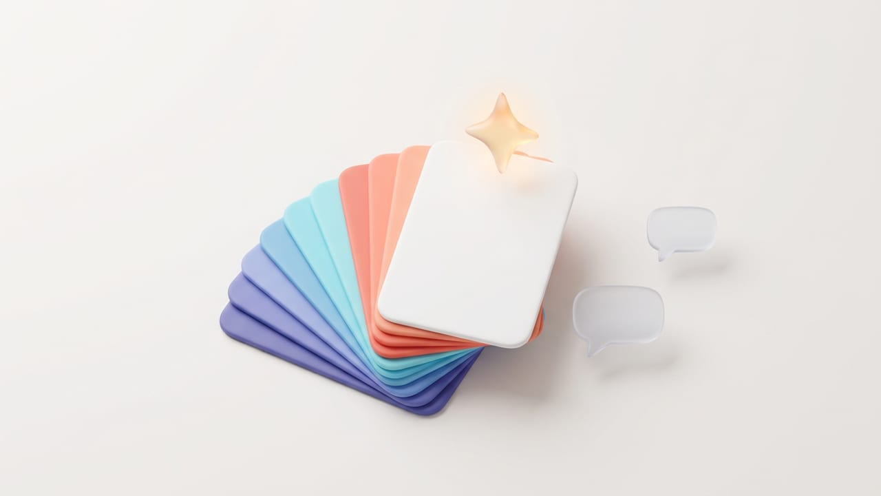 A fan of blank cards with a glowing spark and speech bubbles