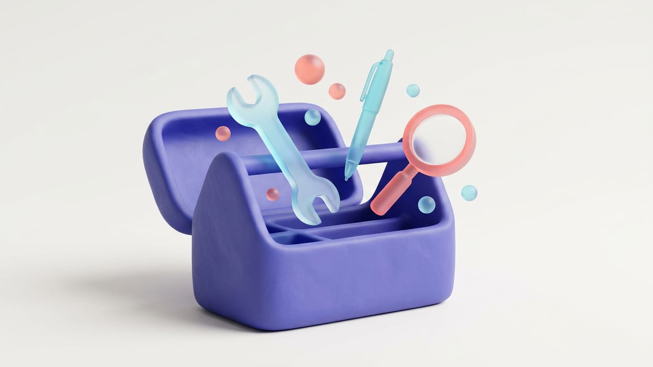 An open clay toolbox with glass tools floating out